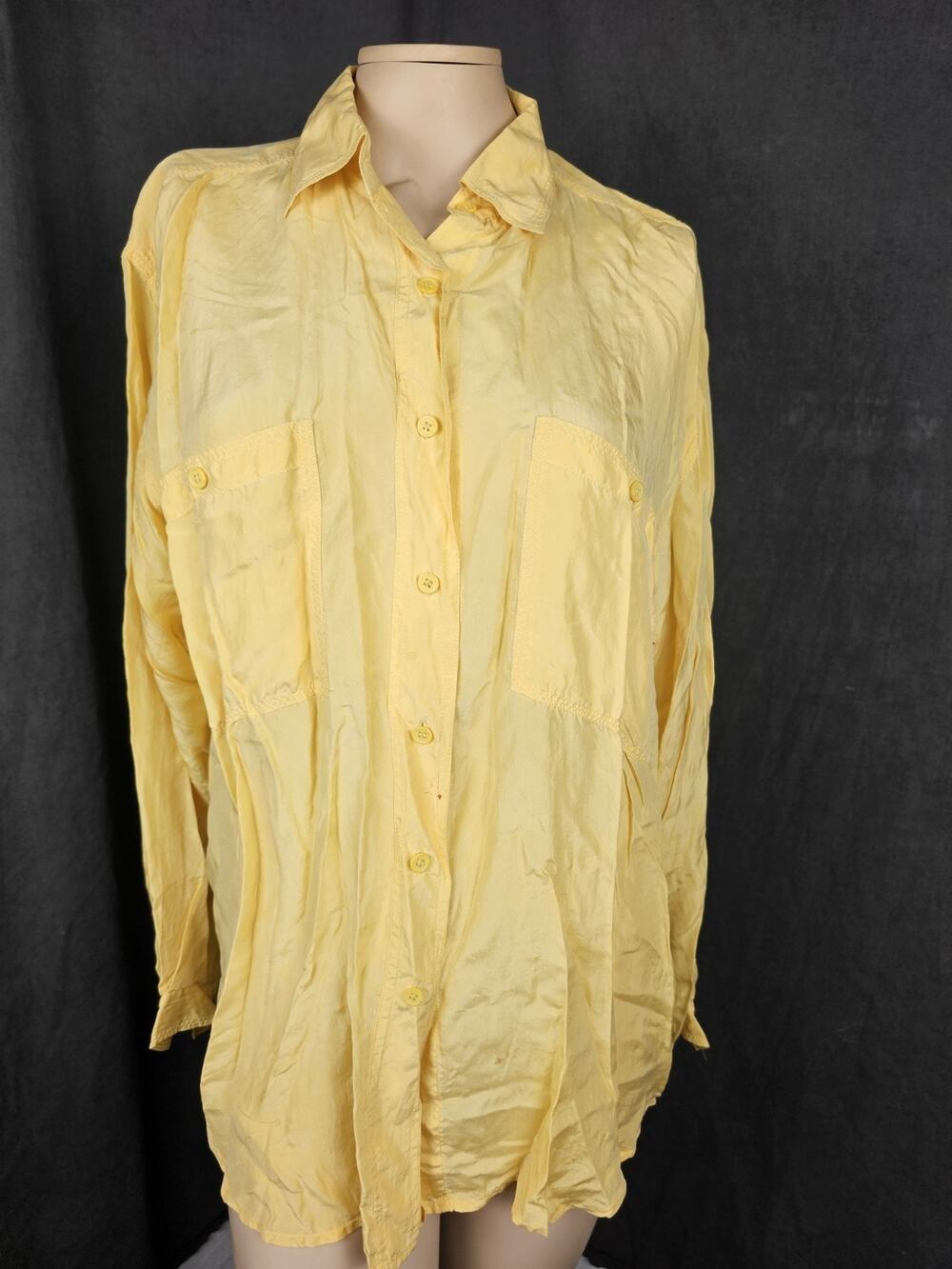 Vtg 90s 100% Silk Blouse S Yellow Boho Slouchy Oversized Coastal Grandma Shirt